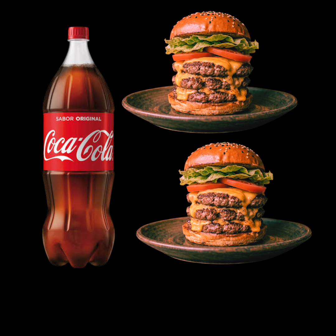 2 Lacnhes deliciosos, feitos com Pão Brioche, 3 carnes smash artesanais, Queijo Fatiado, e Alface. Acompanha Coca 600ml