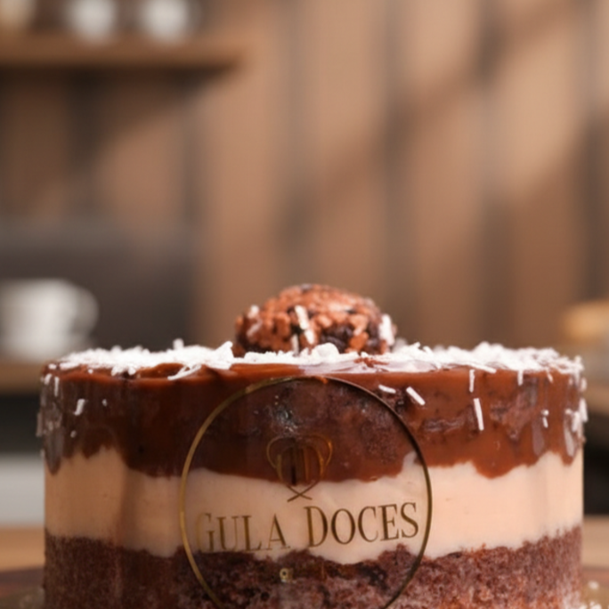 Massa 70% cacau com recheio de brigadeiro ao leite cremoso, brigadeiro branco cremoso. Pedaços de Kinder chocolate, finalizado com bolinhas ao leite com flakes belga