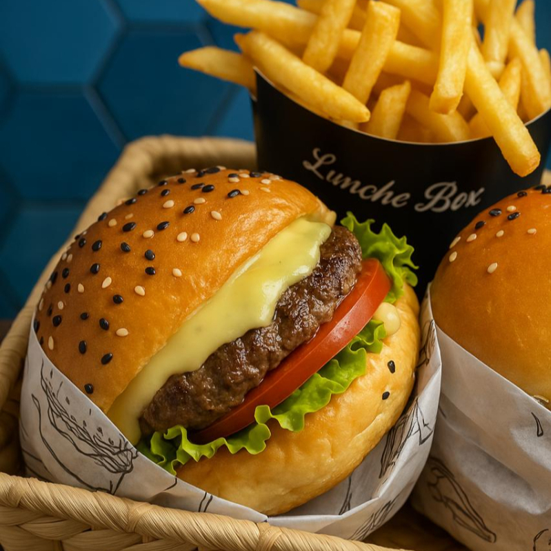 Pão artesanal seladinho, uma carne suculenta de picanha 90g, salada, queijo derretido e nosso molho grill.