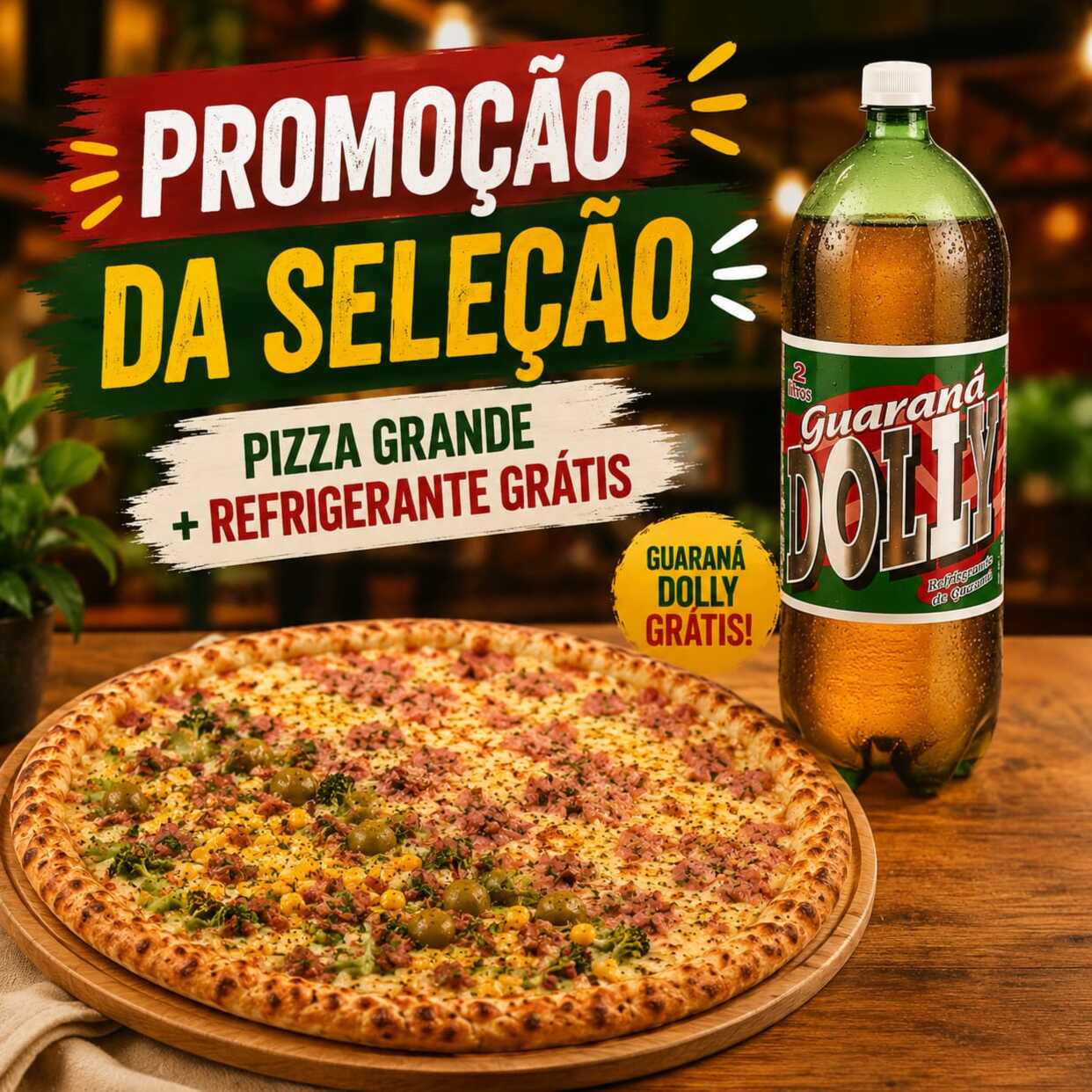 Combo Campeão Pizza Grande Até 2 Sabores à Sua Escolha 8 Fatias + Refri 2L Grátis