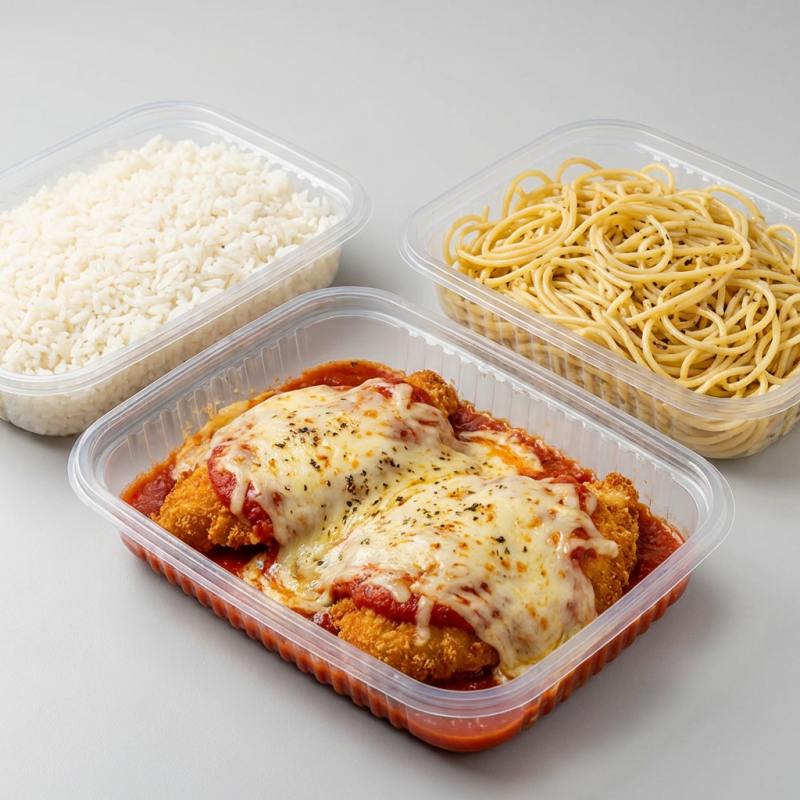 Arroz, macarrão alho e oleo, file de frango empanado coberto com molho de tomate e queijo