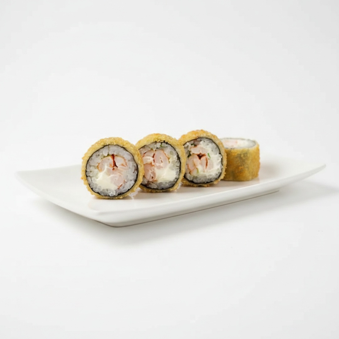 Rolo de sushi com recheio de Camarão rosa e cream Cheese e arroz, empanado e frito por fora.