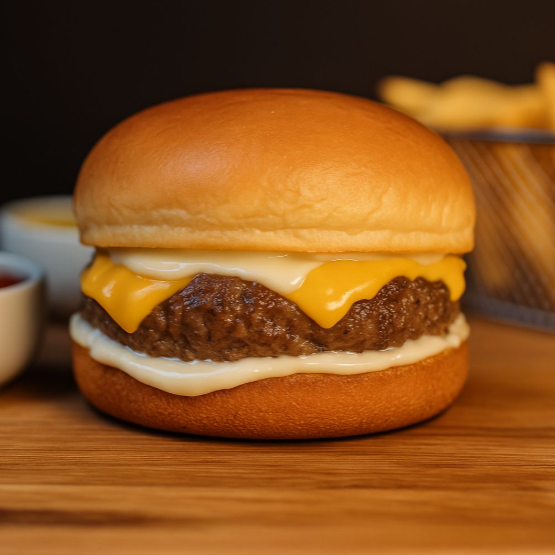 Pão brioche, hamburguer artesanal 180gr de Picanha, maionese defumada e 2 fatias de cheddar