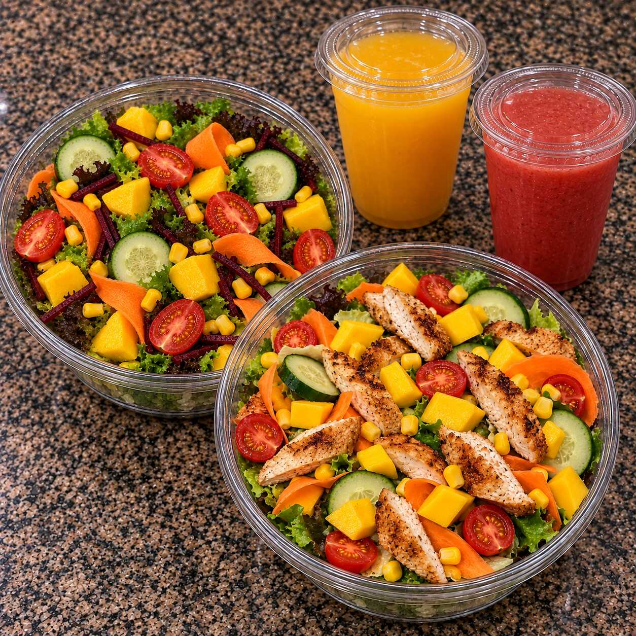 Um combo leve, refrescante e completo com uma oferta especial! Aproveite 50% OFF e leve 2 deliciosas saladas + 2 sucos naturais, uma combinação perfeita para compartilhar e aproveitar uma refeição saborosa, fresca e equilibrada pagando muito menos!