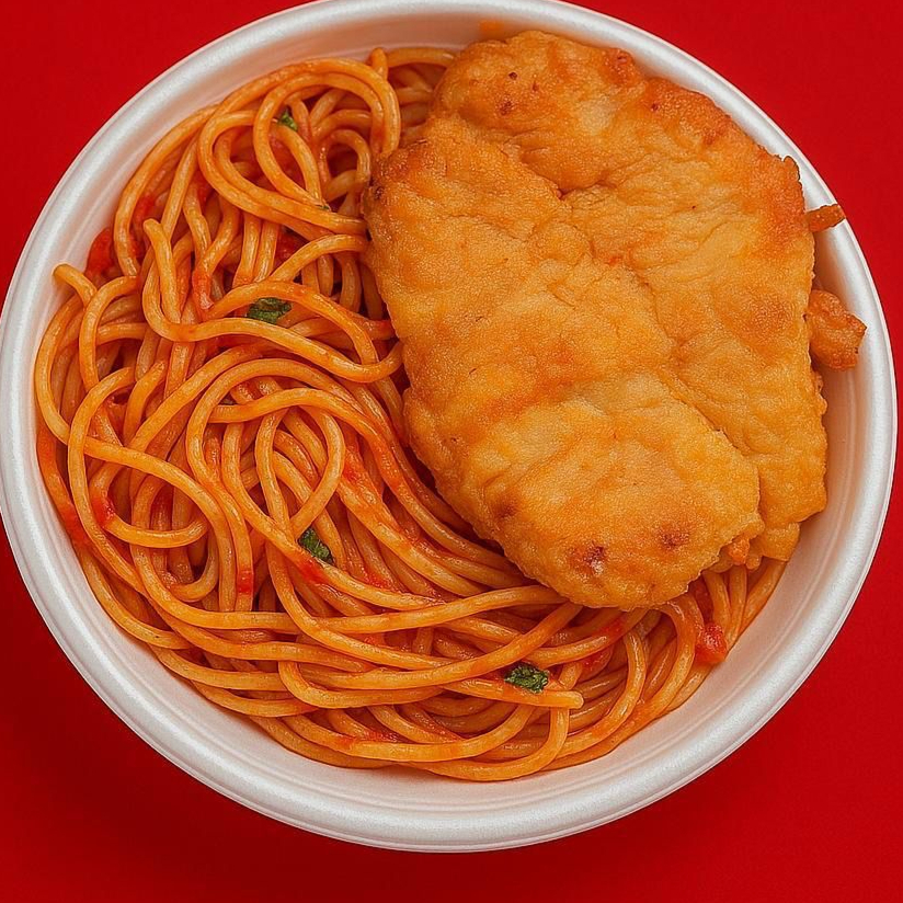 Delicioso filé de frango empanado crocante, acompanhado de espaguete ao molho de tomate caseiro.