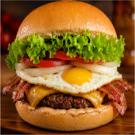 Pão , Hambúrguer , Ovo , Bacon , Cebola , Tomate , Alface , Maionese , Catchup , Barbecue