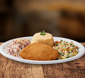 Milanesa de legumes (Aprox. 90g in natura) empanada. Escolha os 3 acompanhamentos e o molho. Dietas ovolactovegetarianas.