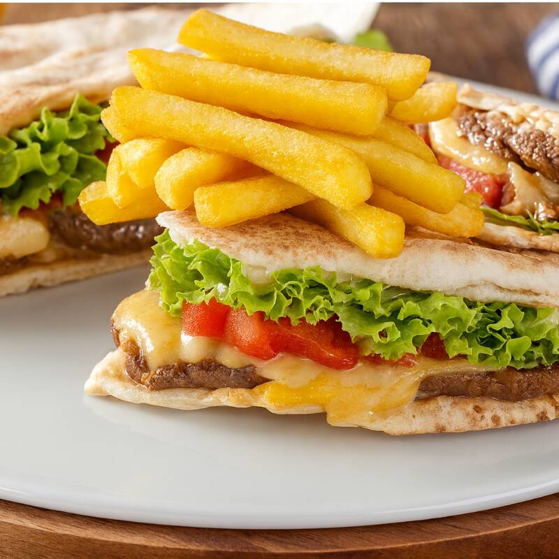 Pão sírio, salada, cebola assada no shoyu, molho especial da casa, carne, frango, bacon, queijo e porção de batata frita.