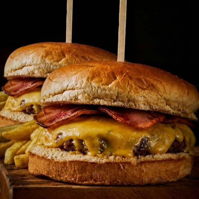 Pão de brioche, hambúrguer com blend especial de brisket e fraldinha Angus (160g), queijo mussarela, bacon e maionese temperada.