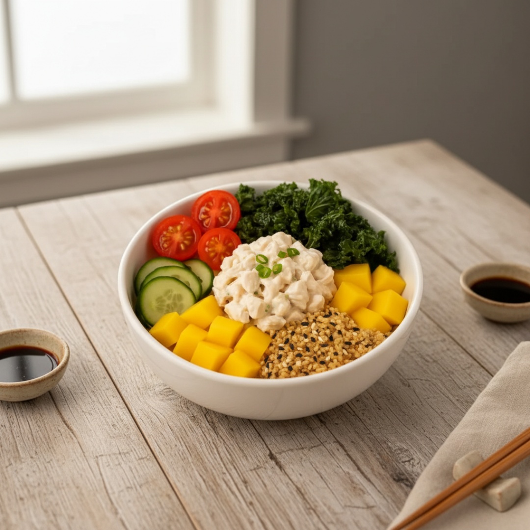 Escolha entre arroz japonês ou salada, acompanhados por salmão em cubos cremoso com cream cheese e cebolinha, tomate cereja, couve crispy, sunomono, manga fresca e farofa crocante de panko com gergelim.