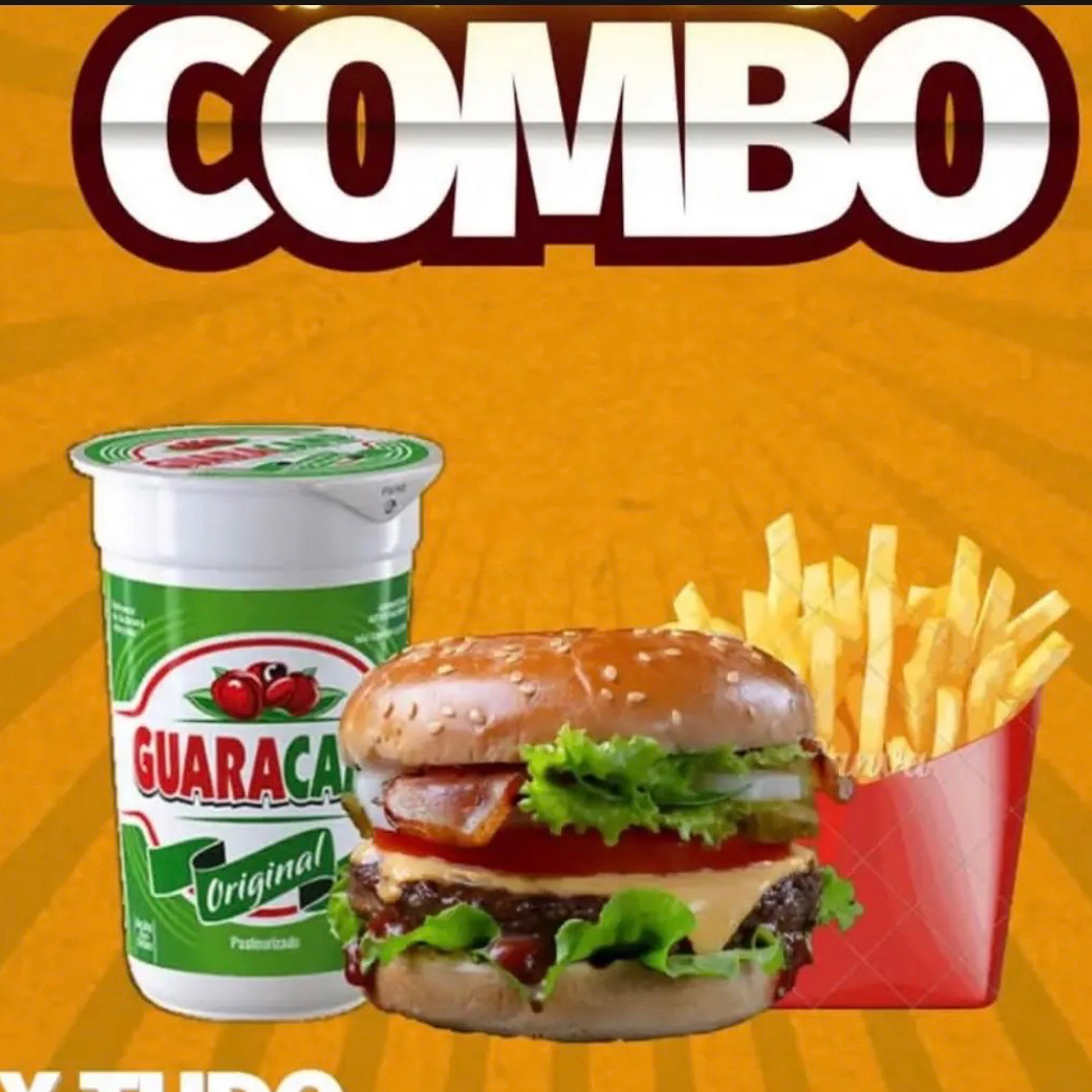 1 X Tudo ( pão, carne, queijo, bacon, calabresa, ovo, salada e molhos) 1 batinha 1guaracamp