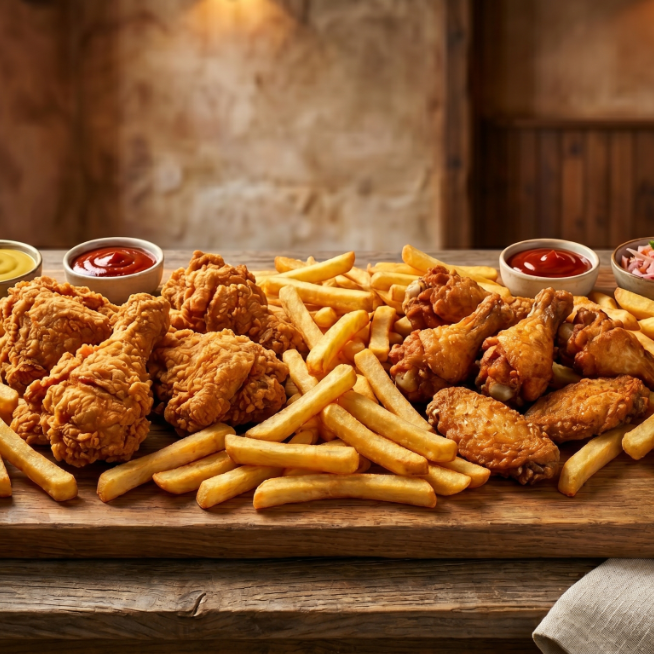 6 piezas de pollo + 6 piezas de alitas con papas