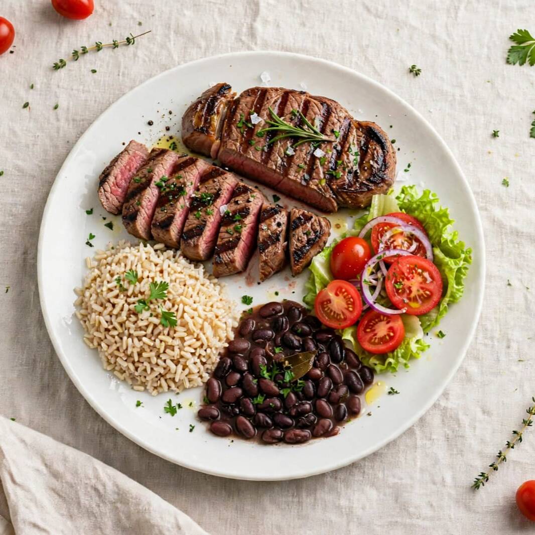 BIFE GRELHADO NA CHAPA ACOMPANHADO COM ARROZ INTEGRAL SOLTINHO, FEIJÃO FRESQUINHO, SALADA DE ALFACE COM TOMATE E MOLHO CREMOSO DA CASA
