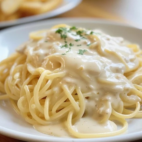 Spaghetti de sêmola, molho branco bechamel, frango desfiado, cebolinha, parmesão ralado, nóz moscada