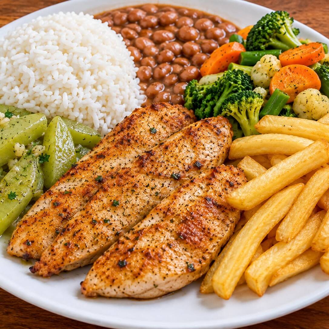 Suculento Três filés de frango grelhado sassami, macios e suculentos, acompanhados de arroz branco, feijão carioca, chuchu refogado, batata frita e mix de legumes.. Uma refeição completa, preparada com ingredientes selecionados e muito sabor.
