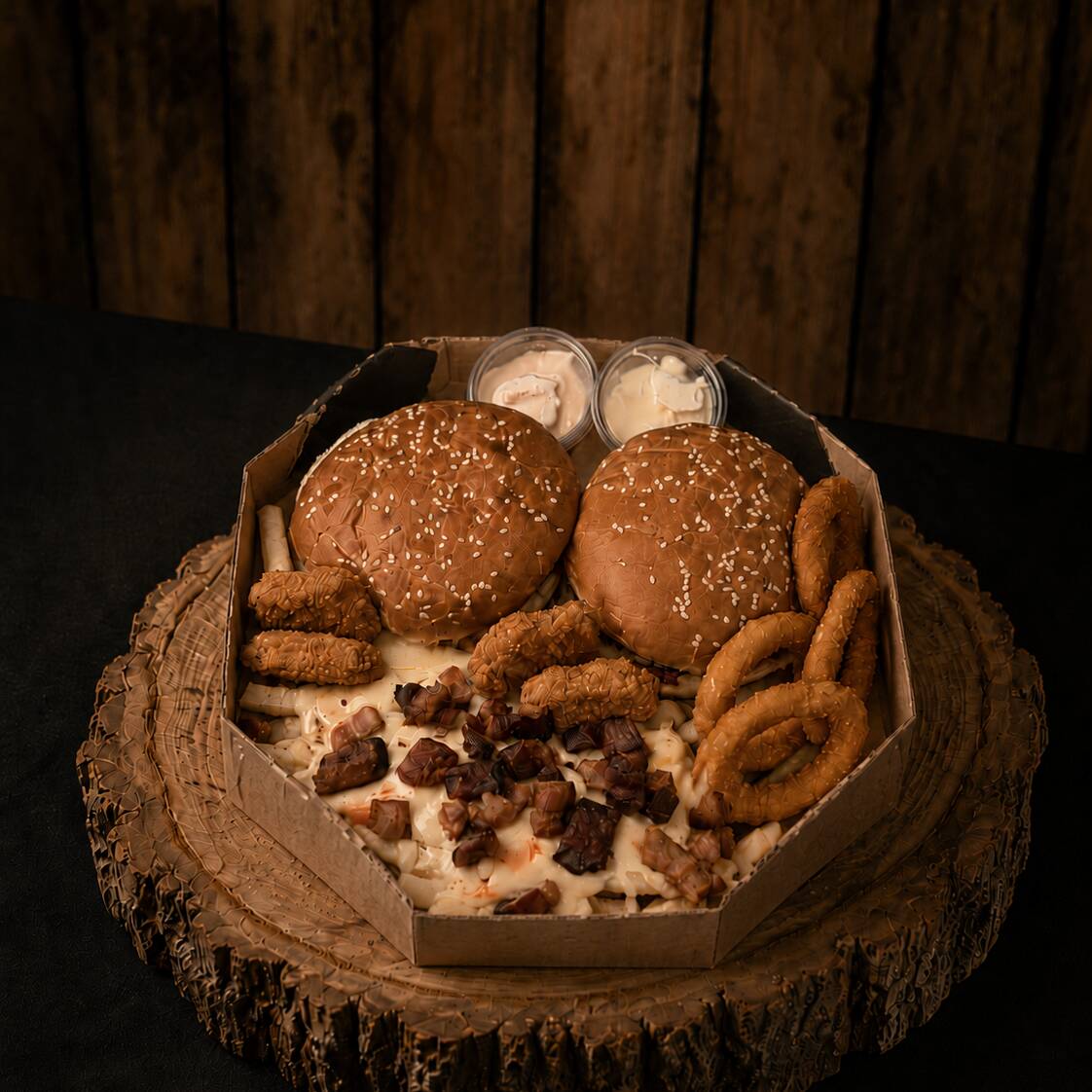 2 hambúrgueres, 400g de batata frita com cheddar, bacon e queijo, 4 anéis de cebola, 4 nuggets, 2 molhos e 2 Coca-Colas de 200ml. Perfeito para compartilhar!