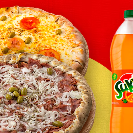 Dupla de pizzas G (8 pedaços cada), uma de Calabresa e outra de Mussarela, com um refrigerante de 2 litros. Ideal para quem busca qualidade e economia no mesmo combo!