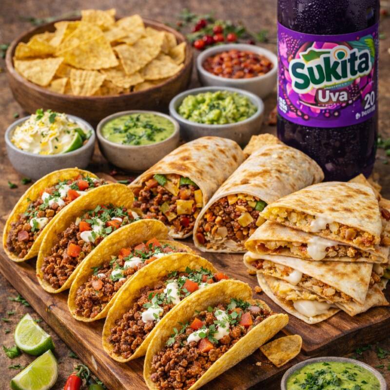 5 Tacos crocantes de carne seca + 2 Burritos de frango + 2 Quesadillas de carne + Nachos – porção com 250 gr + Molhos: cream cheese. especial de alho + Sachê de pimenta + Bebida: Sukita Uva ou Laranja, a que estiver disponível no momento *2litros