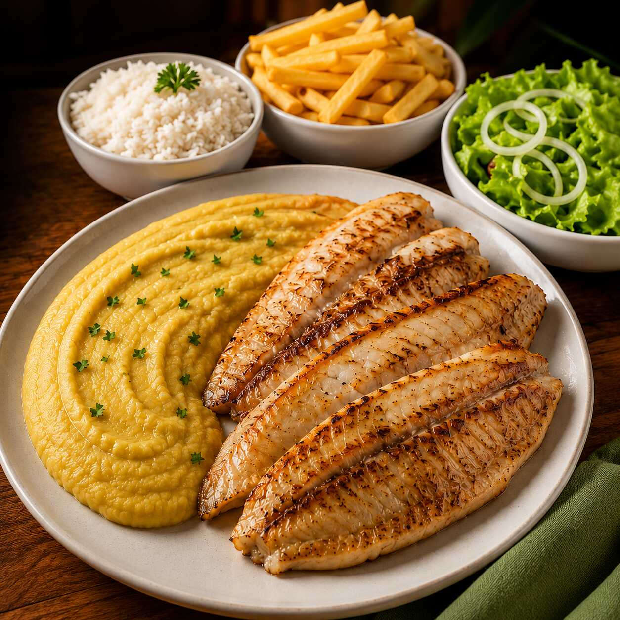 🐟 Filé de Tilápia Grelhado com Purê de Banana da Terra
Delicioso filé de tilápia grelhado no azeite, leve e suculento, acompanhado do tradicional purê de banana da terra inspirado nos sabores da culinária amazônica.
Acompanha arroz, batata frita crocante e salada fresca de alface.
🍽️ Serve até 2 pessoas.
