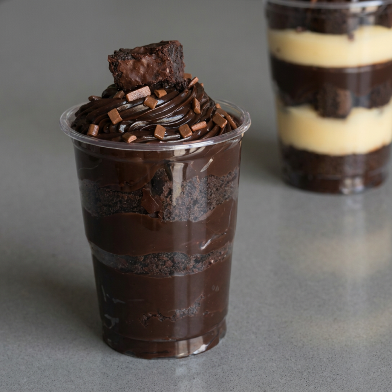 Brigadeiro cremoso e nosso brownie delicioso. Copo 150ml