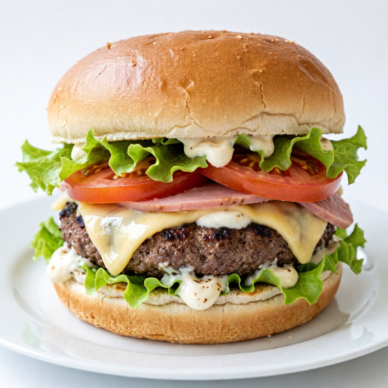 Pão, hamburguer, alface, tomate, queijo, presunto e maionese