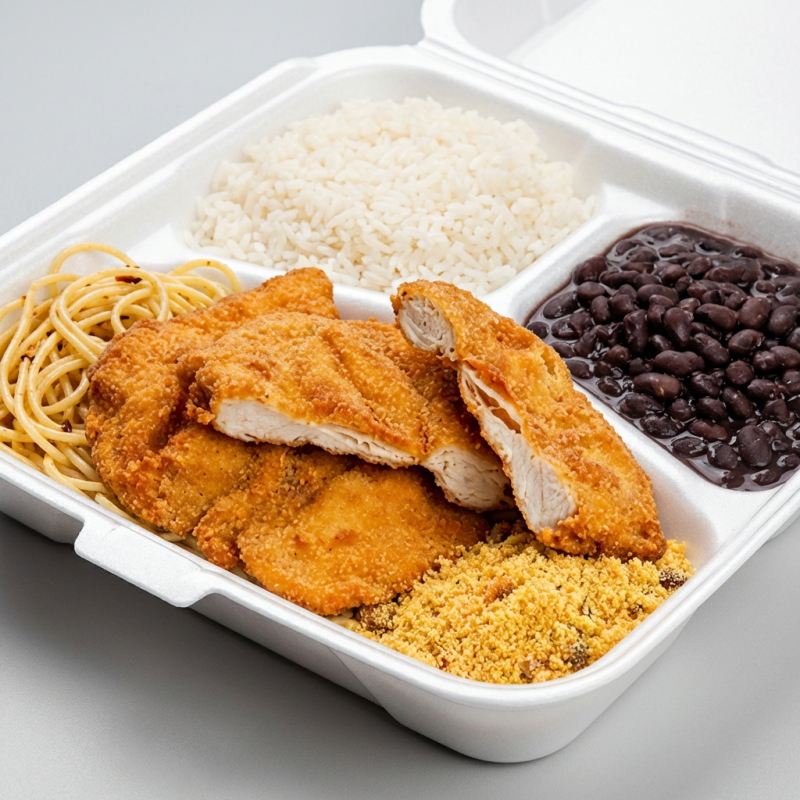 Arroz, feijão, macarrão alho e oleo, filé de frango empanado e farofa