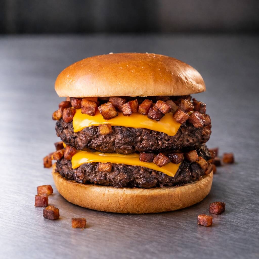 Duas carnes 130g, pão chapeado na manteiga de garrafa , queijo cheddar cremoso, bacon em cubos e maionese caseira, alface e tomate