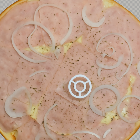 Molho, mussarela, presunto fatiado, cebola e orégano (especificar nas instruções especiais caso queira retirar algum ingrediente ex: Sem Cebola)