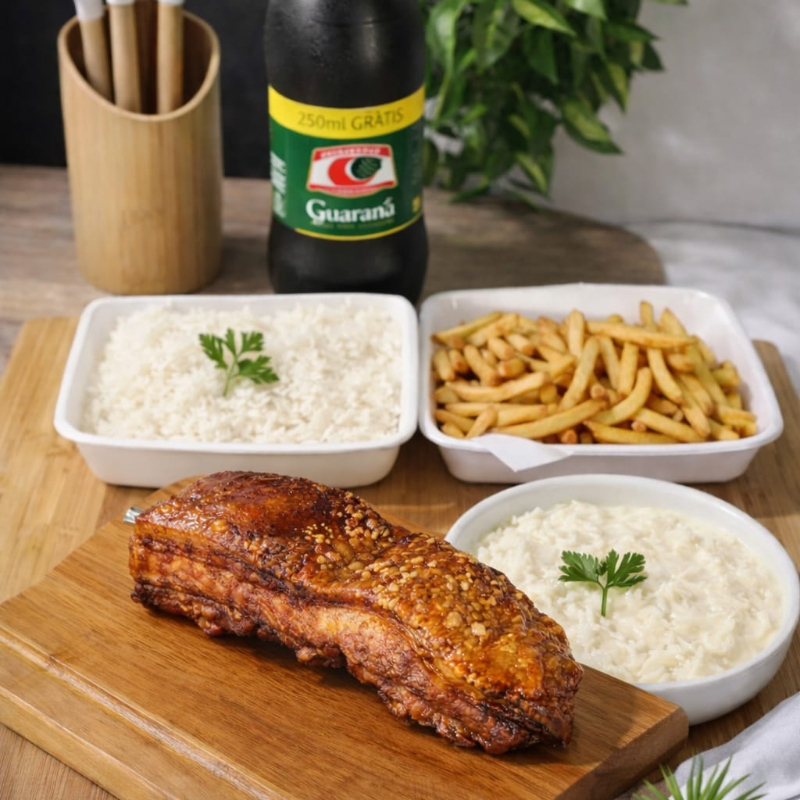 Perfeitamente assada, derretendo do jeitinho que a gente gosta. Acompanha porcao de arroz grande, porção de maionese 500g, porção de batata frita e 1kg de costela suina + refri 2l cortesia + refrigerante 2l.