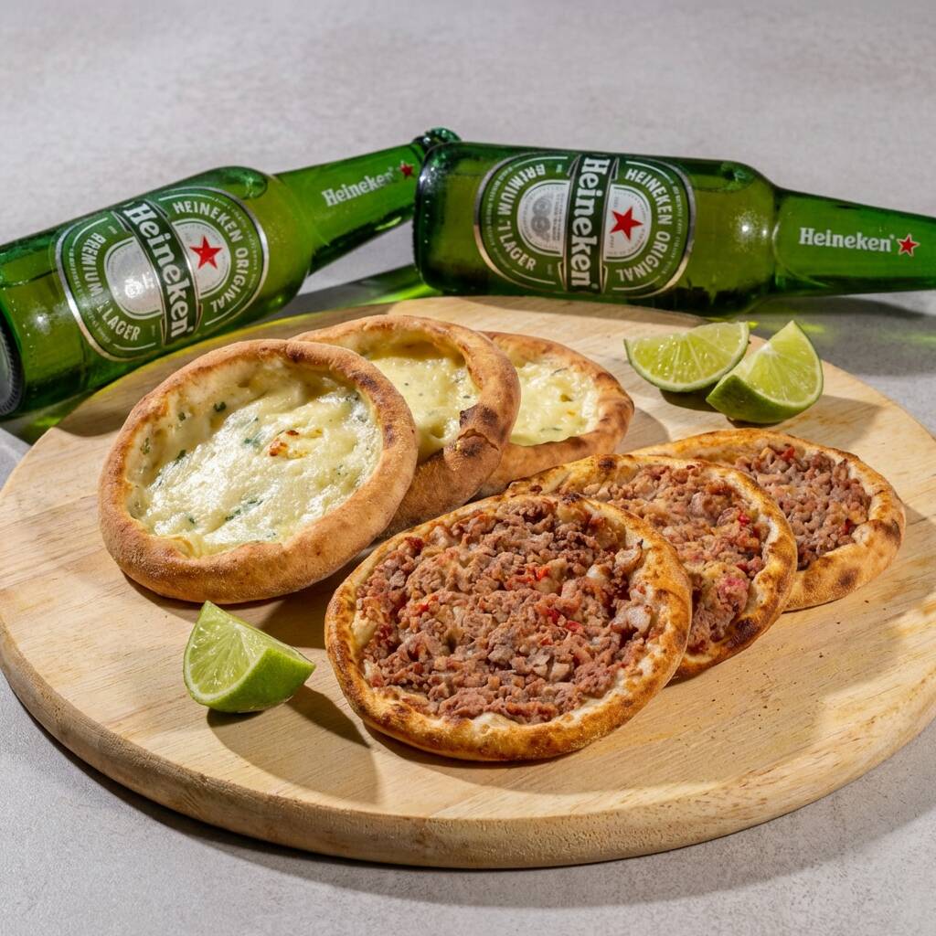 Nesse combo você leva 3 esfihas de carne + 3 esfihas de queijo + duas Heineken long neck para acompanhar.
