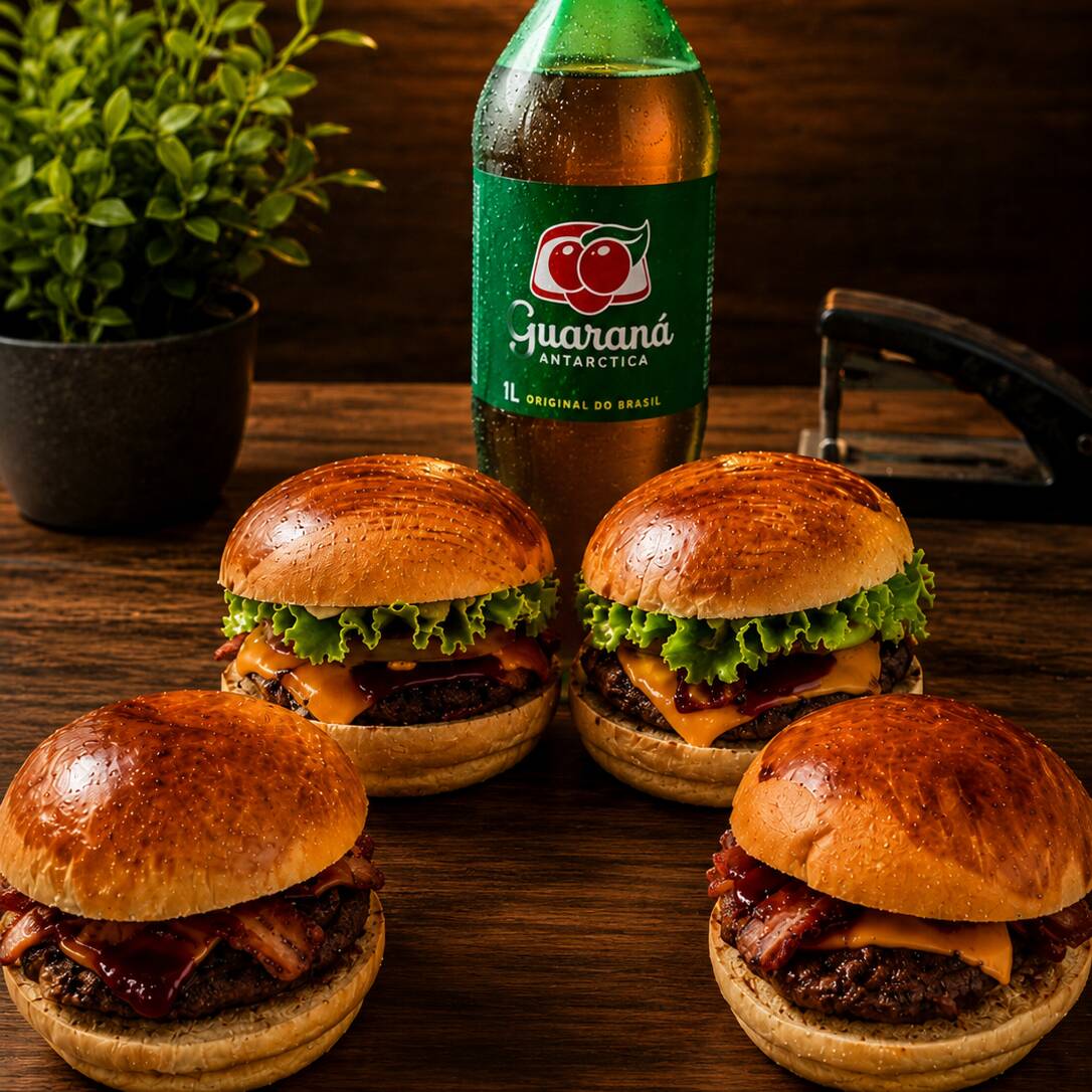 Esse combo acompanha 4 hambúrguer e um guaraná de 1lt.
2 hambúrguer com salada molho verde cebola roxa e barbecue e bacon.
2 com baconeese cebola empanada barbecue, bacon, cheddar.
Uma verdadeira delícia.