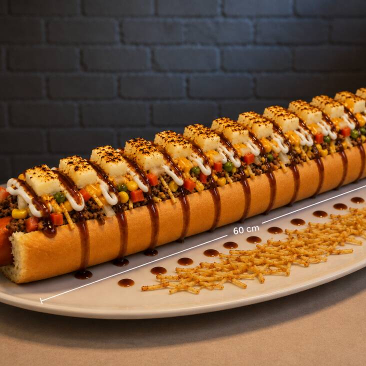 Pão, salsicha,carne moida, cheddar,Catupiry, coalho,cebola, tomate, milho, cenoura, ervilha, batata palha, pure, queijo maçaricado, cebola caramelizada, barbecue, maionese (caseira)