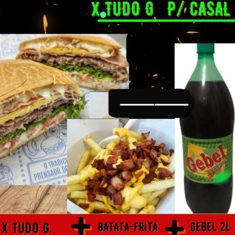 X Tudo M + Batata Frita 250g (Peso pre frita) c/Cheddar e Bacon + Refr. Gebel 2 L