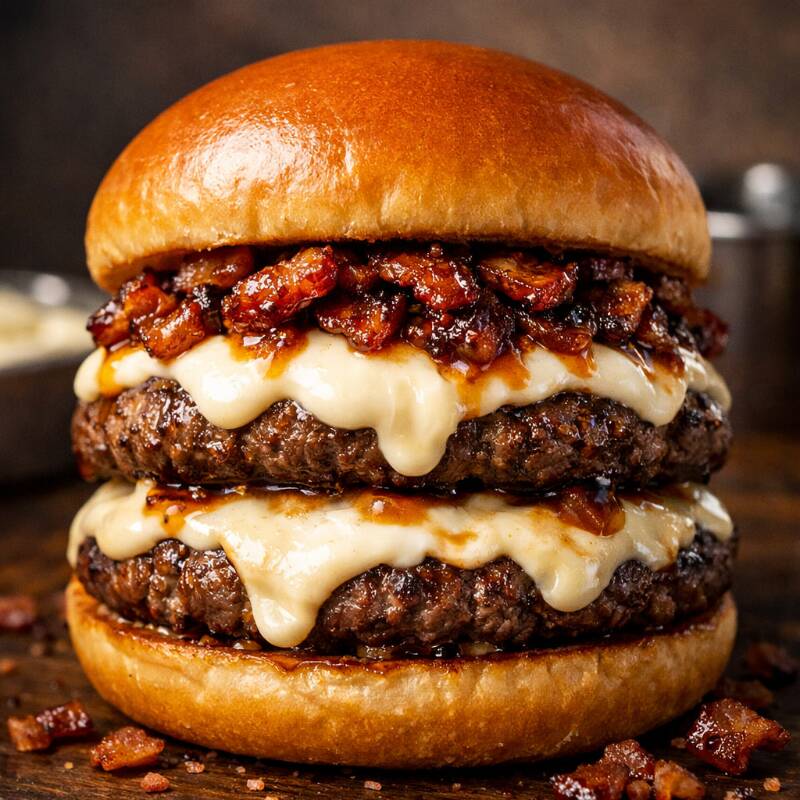 Pão Brioche, 2 Blend 120 g Artesanal Bovino, Queijo Mussarela, Catupiry e Bacon Caramelizados.