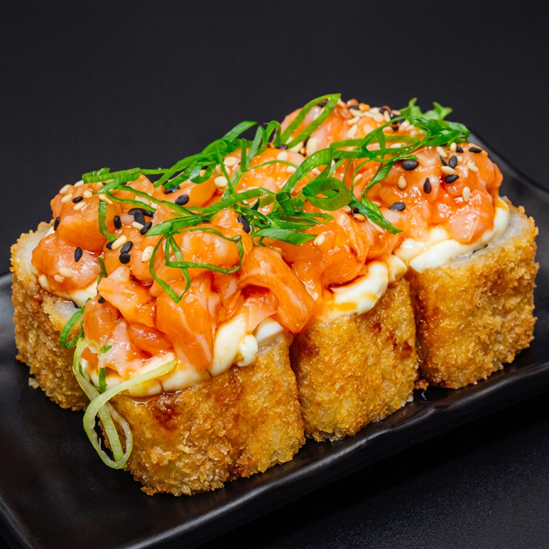 Arroz japonês temperado, empenado e frito na farinha panko e finalizado com cream cheese e salmão tartado com cebolinha e gergelim.