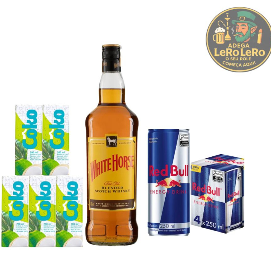 Garrafa de Cavalo + Energetico + Gelo + Copo e Canudo.