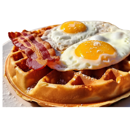 1 Waffle 2 huevos y 2 tiras de tocino o jamon