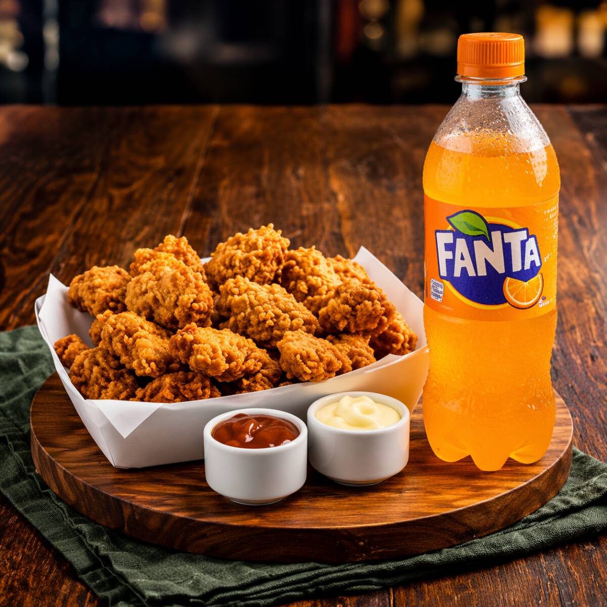 Porção de frango empanado crocante, preparado com pedaços suculentos e dourados, ideal como lanche ou petisco. Acompanha Fanta Laranja 600ml, combinação perfeita para uma refeição prática e saborosa no delivery.