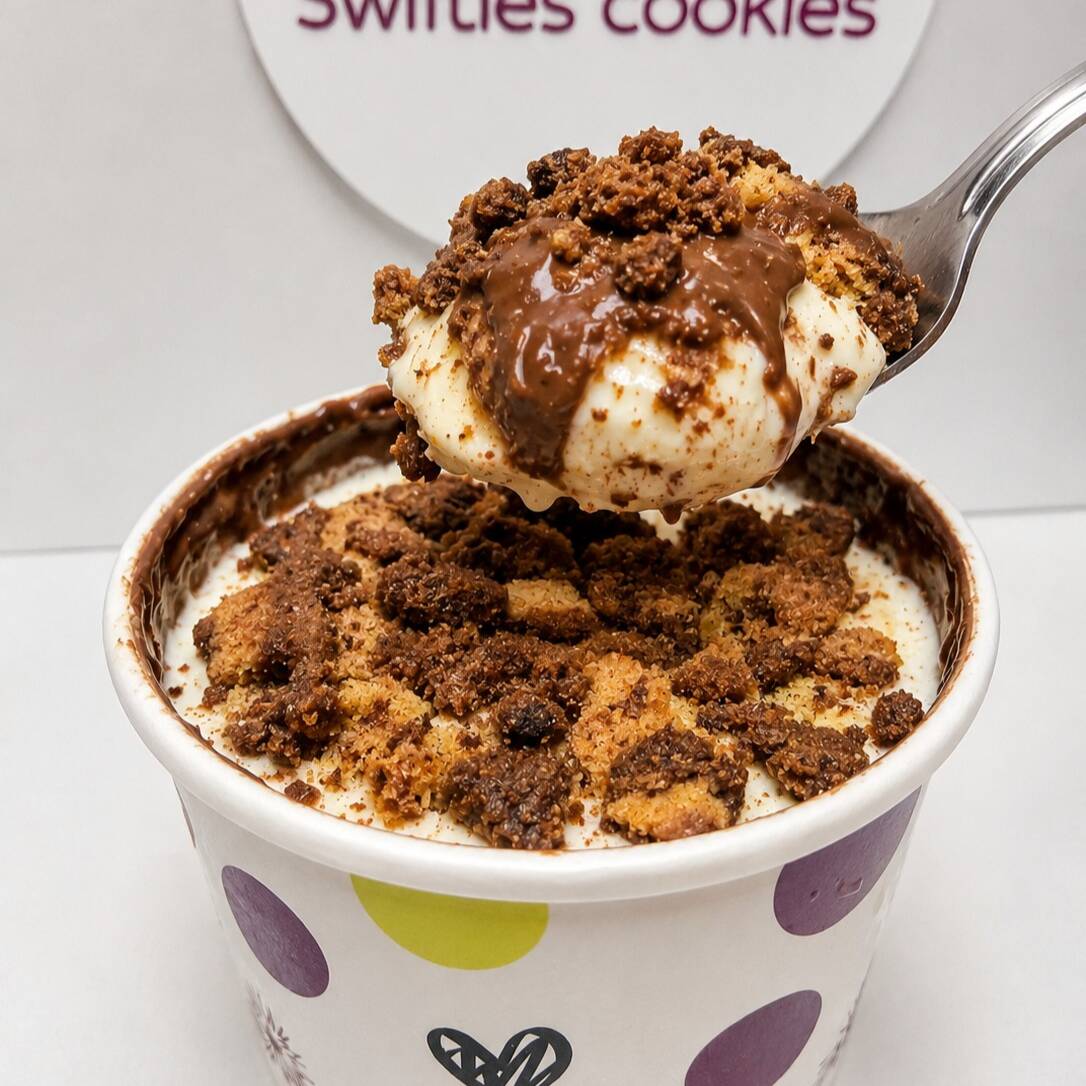 Sorvete de creme supercremoso, servido em um pote de 240ml trufado com Ovomaltine, com bastante pedaços de cookie recheado com Ovomaltine em camadas no meio e por cima, finalizado com flocos crocantes de Ovomaltine. Cremoso, crocante e cheio de sabor.