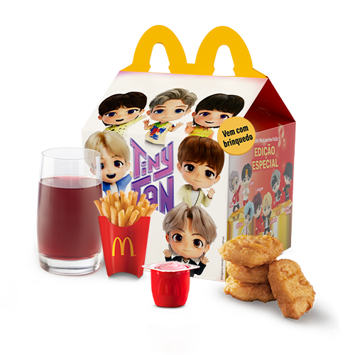 O McLanche Feliz acompanha 4 chicken McNuggets com tomatinho ou McFritas como acompanhamento, uma refrescante bebida e Petit Suisse do Méqui como sobremesa. Brinquedo sujeito a disponibilidade de estoque por restaurante. Confira informações nutricionais e