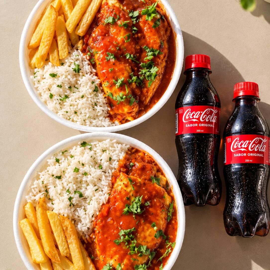 2 Marmitas com delicioso Filé de frango parmegiana (empanado na massa crocante, coberto com molho de tomate e queijo mussarela, arroz branco fresquinho e batata frita) + 2 Coca cola pet 200ML gratis. Marmita Indicada para 2 pessoas