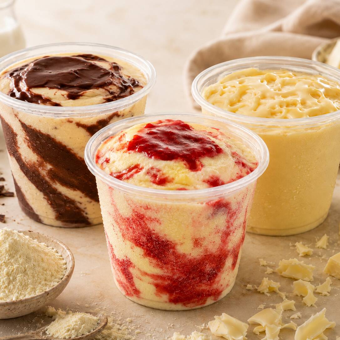 Monte seu combo com 3 potes de 300ml e escolha os sabores que quiser entre nossas opções! Pistache, Ovomaltine, Iogurte com Amarena, Flocos, Laka ou Ninho — a combinação é toda sua. Cremosidade e sabor garantidos em cada escolha