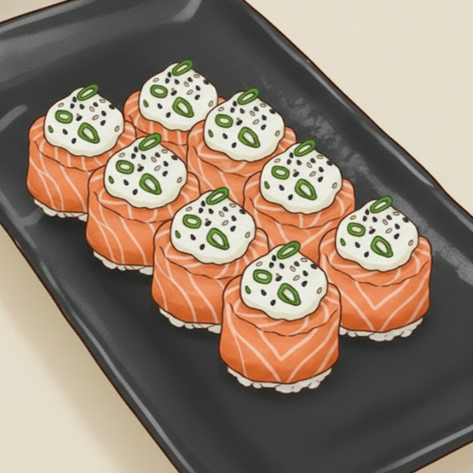 Bolinho de arroz coberto com lâmina de salmão e finalização especial.