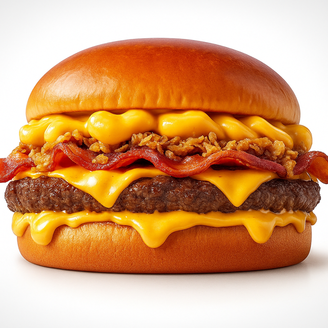 BURGER 120 GRAMAS, CHEDDAR DUPLO, FATIAS DE BACON E CEBOLA CRISPY NO PÃO DE BRIOCHE