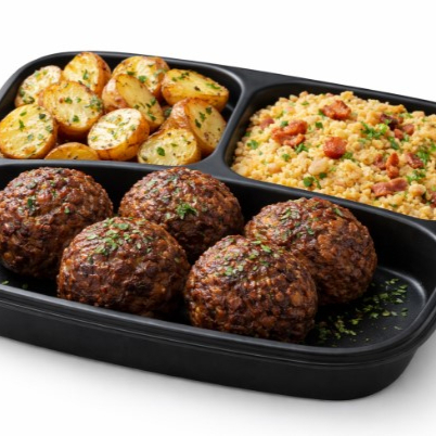 4 porpetas de carne acompanhadas com batata e farofa.