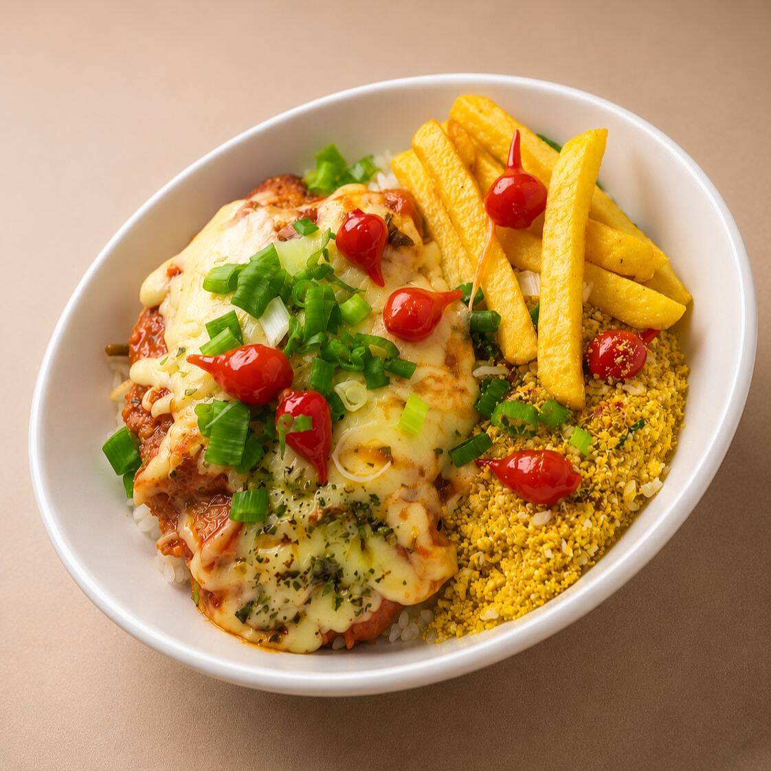 2 Marmitas de Parmegiana de Frango, servidas com arroz, feijão e farofa. Opte por batata frita ou macarrão alho e óleo para um toque especial. Combo para duas pessoas.