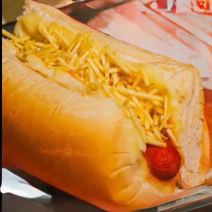 Pão tradicional de hot dog com 1 salsicha ketchup mostarda maionese purê queijo ralado e palha prensado