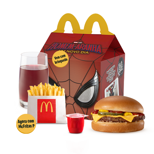 O McLanche Feliz acompanha sanduíche cheeseburguer com tomatinho ou McFritas como acompanhamento, uma refrescante bebida e Petit Suisse do Méqui como sobremesa. Brinquedo sujeito a disponibilidade de estoque por restaurante. Confira informações nutricionais em: mcdonalds.com.br/cardapio/ mclanche-feliz. Imagem Meramente Ilustrativa.