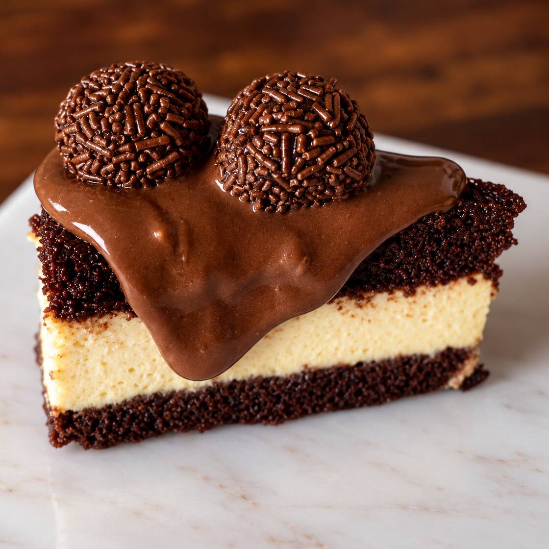Torta mousse de maracujá, base feito com massa de chocolate, mousse de maracujá feito com a fruta. Brigadeiro cremoso e brigadeiros