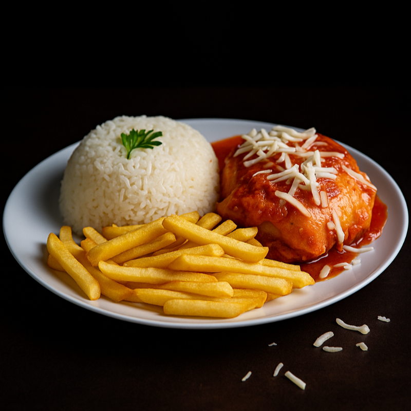 Parmegiana de Frango – filé de frango empanado no ponto certo, coberto com molho de tomate artesanal e uma generosa camada de queijo derretido. Acompanha arroz branco soltinho e batata frita crocante, formando a combinação perfeita.